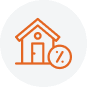 An orange outline of a house with a percentage symbol inside a circle in front of it, all on a light gray circular background, representing Public Info services in Boundary County ID. | Boundary County ID